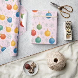 Papel De Regalo Ornamentos navideños acuarelas y copos de nieve -