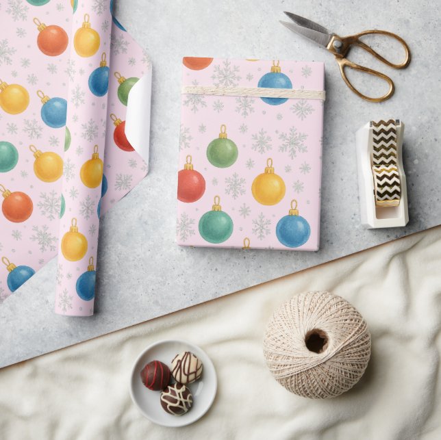 Papel De Regalo Ornamentos navideños acuarelas y copos de nieve - (Artesanía)