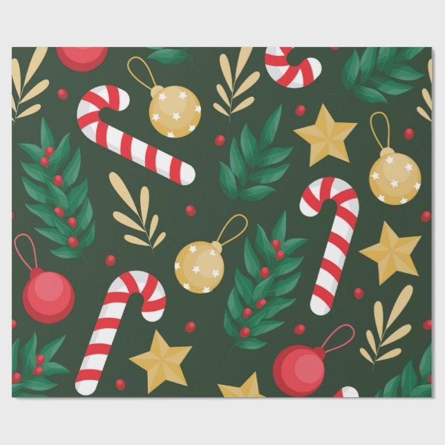 Papel De Regalo Ornamentos navideños, estrellas y canas de caramel (Superficie plana)