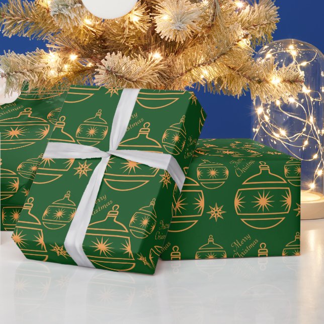 Papel De Regalo Ornamentos navideños felices en verde (Vacaciones)