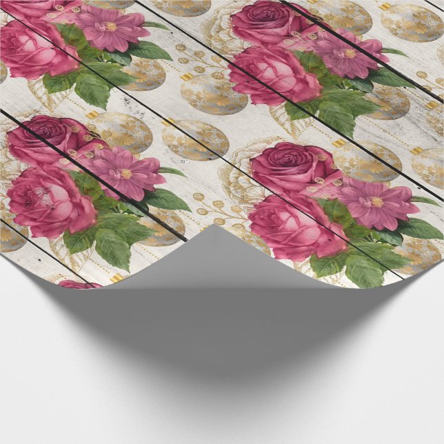 Papel De Regalo Ornamentos navideños rosas en madera (Esquina)