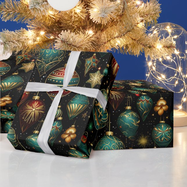 Papel De Regalo Ornamentos navideños victorianos con acentos dorad (Vacaciones)