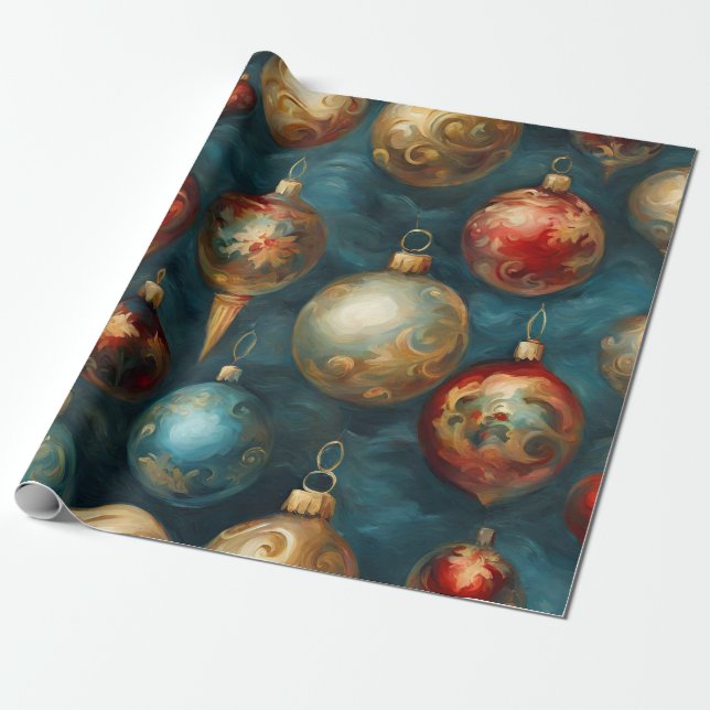 Papel De Regalo Ornamentos navideños victorianos en azul elegante (Desenrollado)