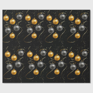 Papel De Regalo Ornamentos negros y dorados Feliz Navidad