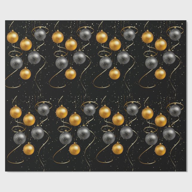 Papel De Regalo Ornamentos negros y dorados Feliz Navidad (Superficie plana)