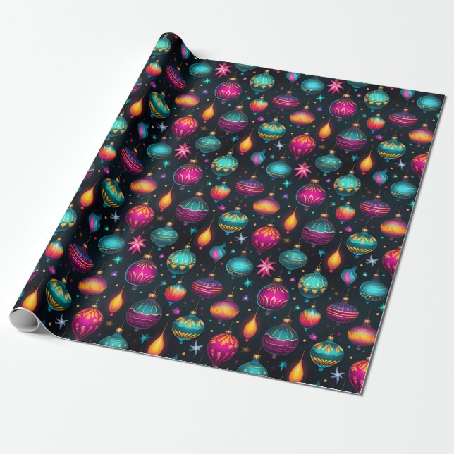 Papel De Regalo Ornamentos Neon Christmas (Desenrollado)