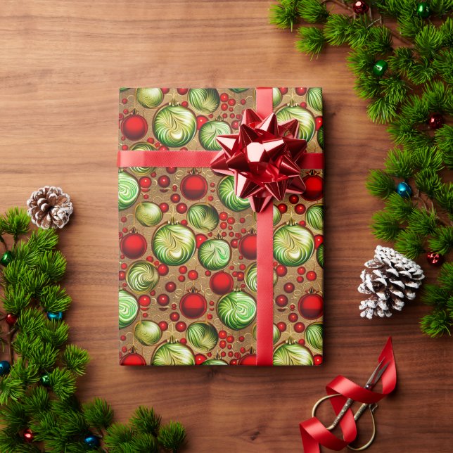 Papel De Regalo Ornamentos rojos y verdes (Regalo de vacaciones)