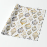 Papel De Regalo Ornamentos Vintage Gold Silver Black Christmas<br><div class="desc">En esta pintura acuarela se capturan ornamentos de época en oro y plata para sus Navidades y papel de envoltura de invierno. En este rollo los colores más destacados son el oro y la plata,  con también un matiz de color negro y algunos detalles caprichosos de adornos dorados.</div>