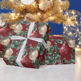 Papel De Regalo Ornamentos y vegetación de Navidad rojos y blancos
