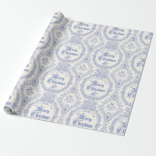 Papel De Regalo Ornate Classic Vintage Merry Christmas Blue Toile
