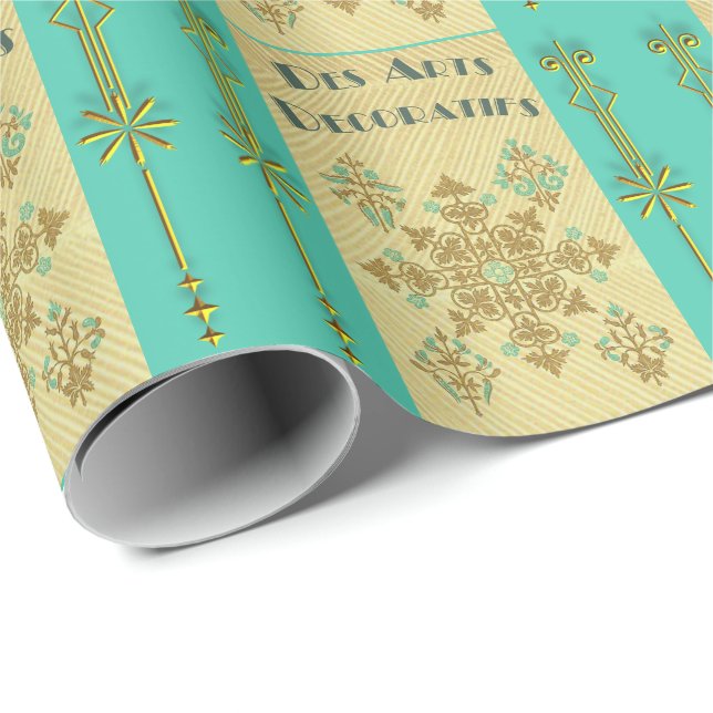 Papel De Regalo Oro Art Déco y francés verde azulado (Esquina del rollo)