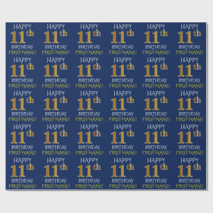 Papel De Regalo Oro azul, falso "11mo CUMPLEAÑOS FELIZ "
