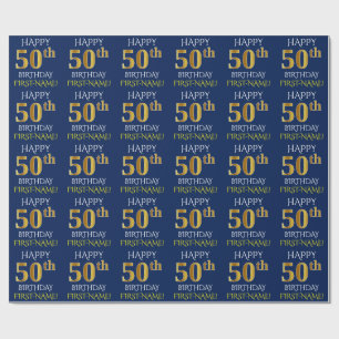 Papel De Regalo Oro azul, falso "50.o CUMPLEAÑOS FELIZ "