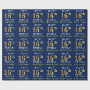 Papel De Regalo Oro azul, falso "décimosexto CUMPLEAÑOS FELIZ "