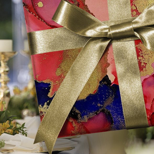 Papel De Regalo Oro azul rojo festivo (Festive Red Blue Gold Wrapping Paper)
