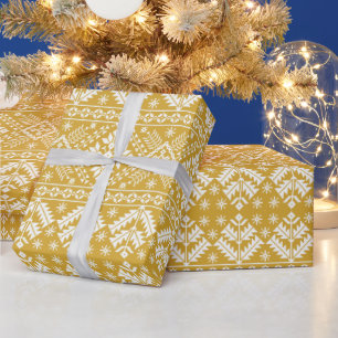 Papel De Regalo Oro Blanco Copo de Nieve y Floral Fair Isle Navida