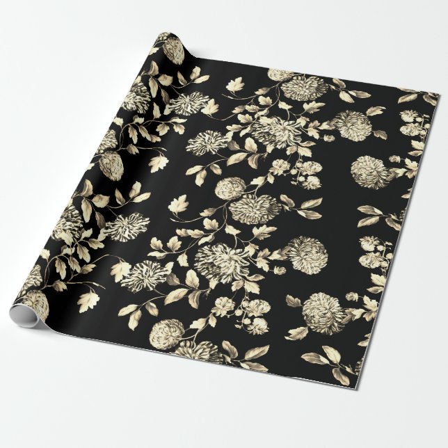 Papel De Regalo Oro blanco negro Toile floral (Desenrollado)