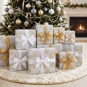 Papel De Regalo Oro Blanco Plata Gris Botánico Navideño Elegante