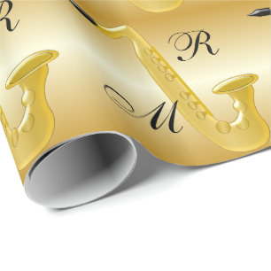 Papel De Regalo Oro con monograma del saxofón coloreado