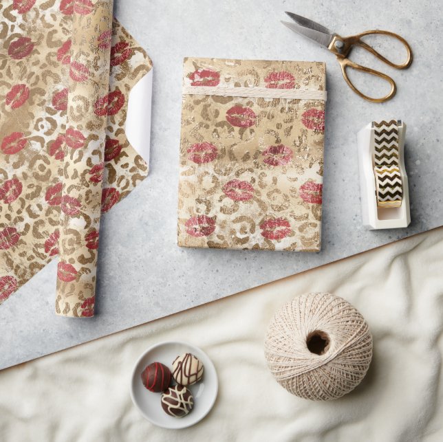 Papel De Regalo Oro Cream Leopard Red Lips (Artesanía)