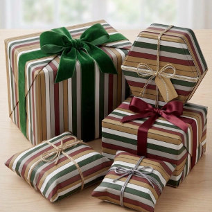 Papel De Regalo Oro de Navidad Verde Rojo Plata y Rayas Blancas