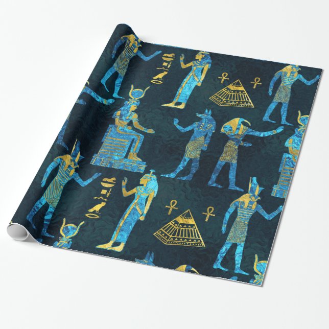 Papel De Regalo Oro egipcio y modelo de cristal azul (Desenrollado)