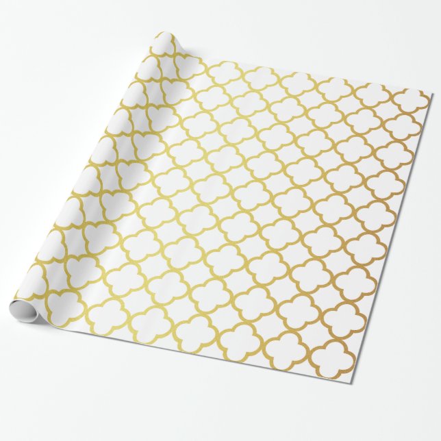 Papel De Regalo Oro elegante y Quatrefoil blanco geométricos (Desenrollado)