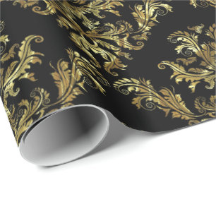 Papel De Regalo Oro en damascos florales vintales negros