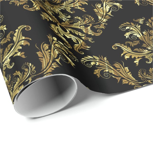 Papel De Regalo Oro en damascos florales vintales negros (Esquina del rollo)