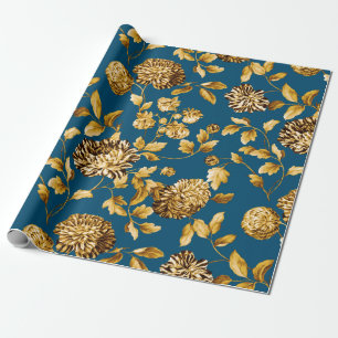 Papel De Regalo Oro En La Verde azulada Tela Floral Azul Moderna V