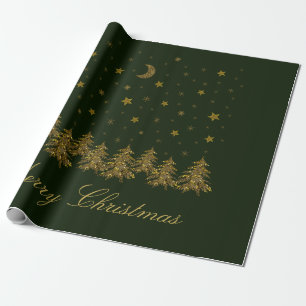 Papel De Regalo Oro espumoso árbol de Navidad, luna, estrellas en 