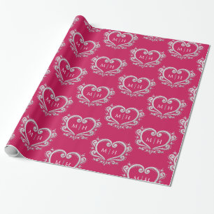 Papel De Regalo Oro monograma cardíaco en boda rojo berry