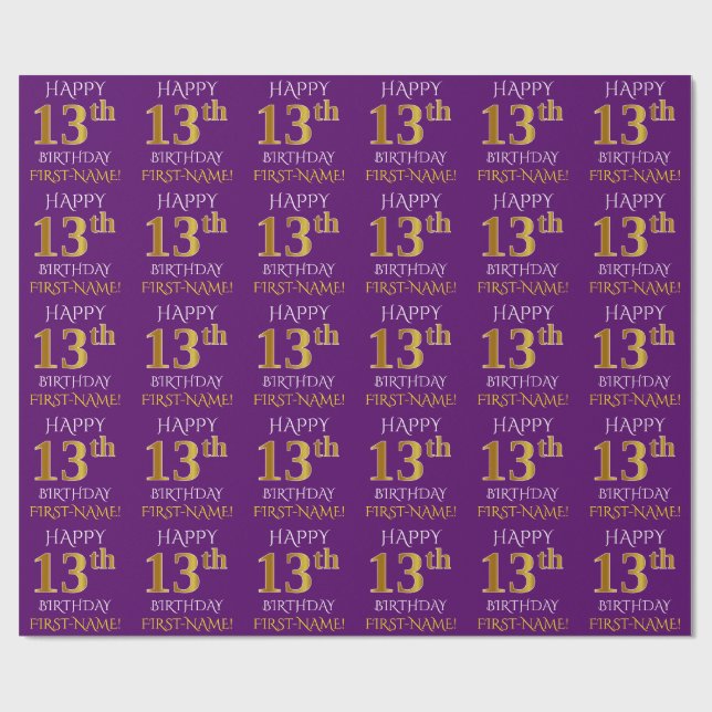 Papel De Regalo Oro morado, falso "FELIZ 13 CUMPLEAÑOS" (Superficie plana)