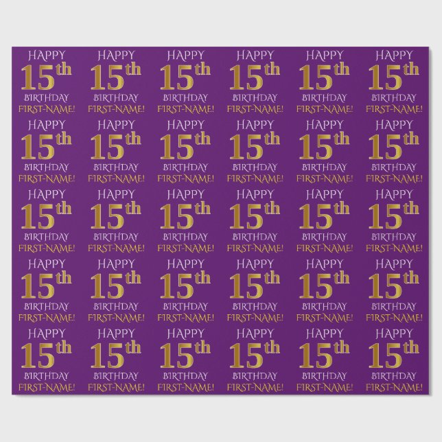 Papel De Regalo Oro morado, falso "FELIZ 15 CUMPLEAÑOS" (Superficie plana)