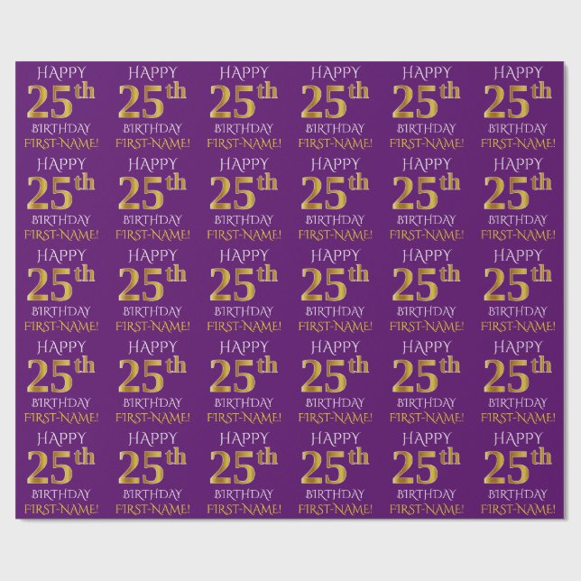 Papel De Regalo Oro morado, falso "FELIZ 25 CUMPLEAÑOS" (Superficie plana)