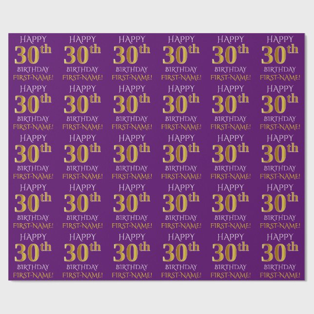 Papel De Regalo Oro morado, falso "FELIZ 30 cumpleaños" (Superficie plana)