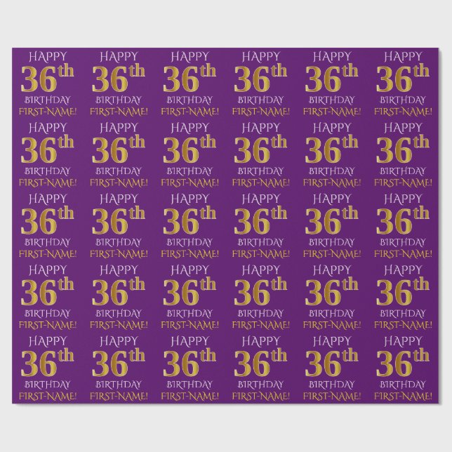Papel De Regalo Oro morado, falso "FELIZ 36 CUMPLEAÑOS" (Superficie plana)