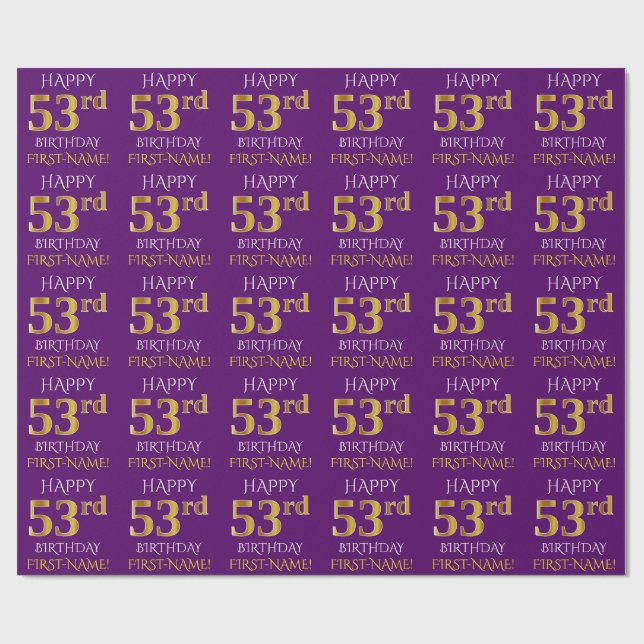 Papel De Regalo Oro morado, falso "FELIZ 53 cumpleaños" (Superficie plana)