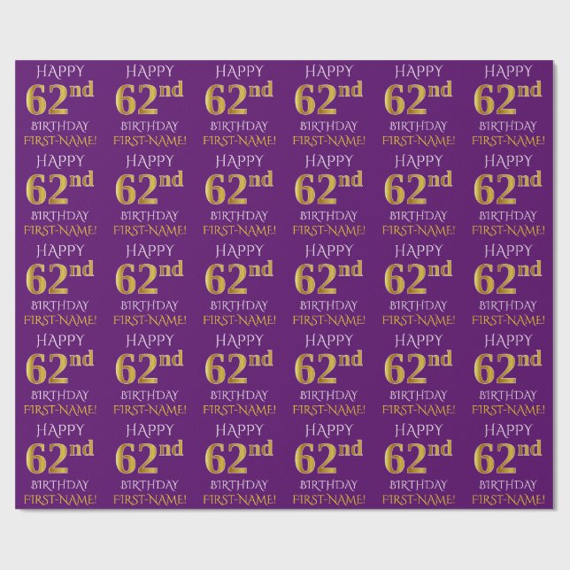 Papel De Regalo Oro morado, falso "FELIZ 62 CUMPLEAÑOS" (Superficie plana)