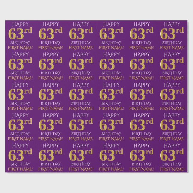 Papel De Regalo Oro morado, falso "FELIZ 63 cumpleaños" (Superficie plana)