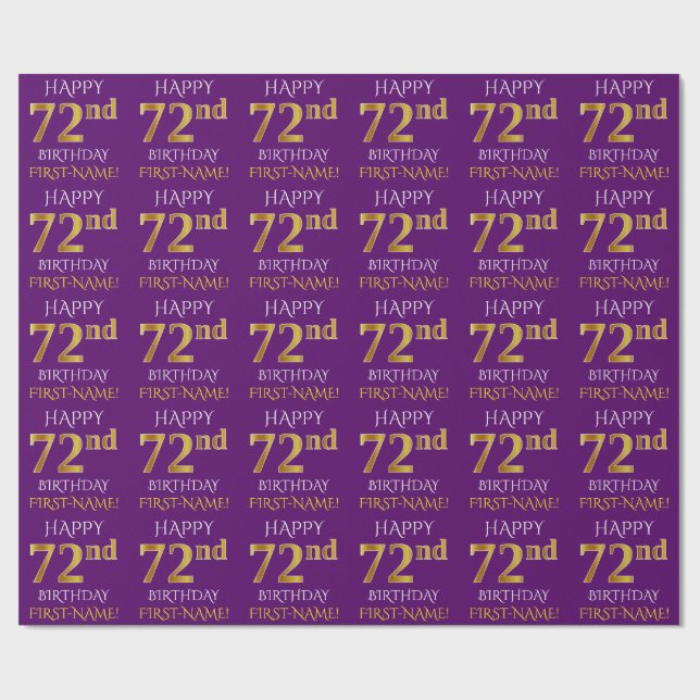 Papel De Regalo Oro morado, falso "FELIZ 72 CUMPLEAÑOS" (Superficie plana)