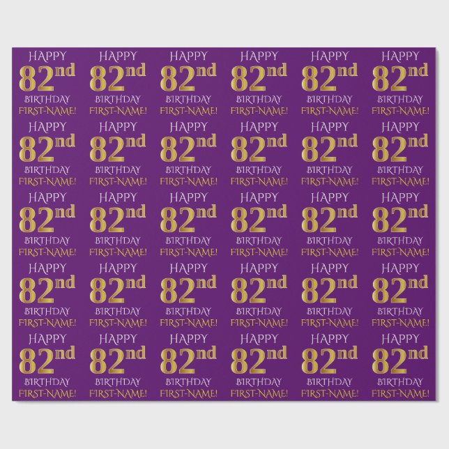 Papel De Regalo Oro morado, falso "FELIZ 82 CUMPLEAÑOS" (Superficie plana)