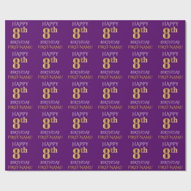 Papel De Regalo Oro morado, falso "FELIZ 8 CUMPLEAÑOS" (Superficie plana)