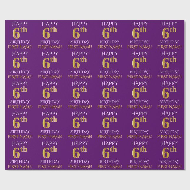 Papel De Regalo Oro morado, falso "FELIZ SEIS CUMPLEAÑOS" (Superficie plana)