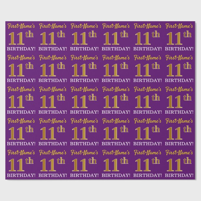 Papel De Regalo Oro morado, imitación "11º CUMPLEAÑOS" (Superficie plana)