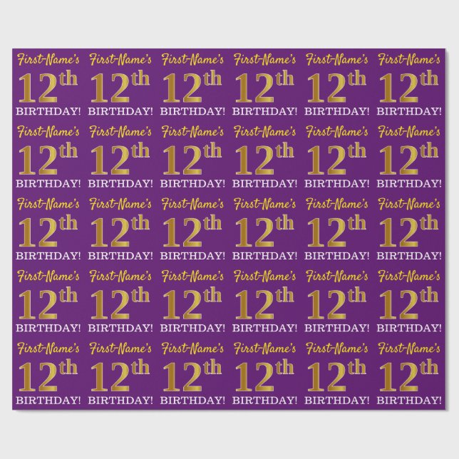 Papel De Regalo Oro morado, imitación "12º CUMPLEAÑOS" (Superficie plana)