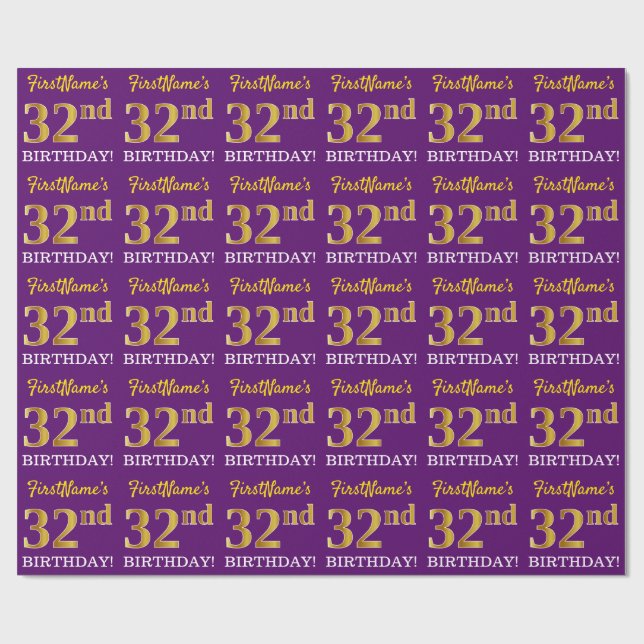 Papel De Regalo Oro morado, imitación "32 cumpleaños" (Superficie plana)