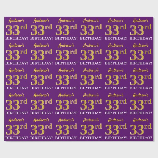 Papel De Regalo Oro morado, imitación "33 cumpleaños" (Superficie plana)