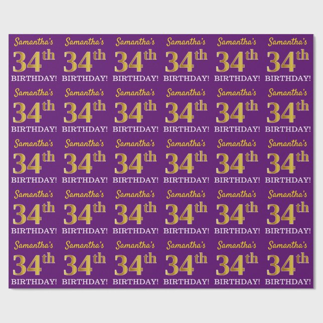Papel De Regalo Oro morado, imitación "34 cumpleaños" (Superficie plana)