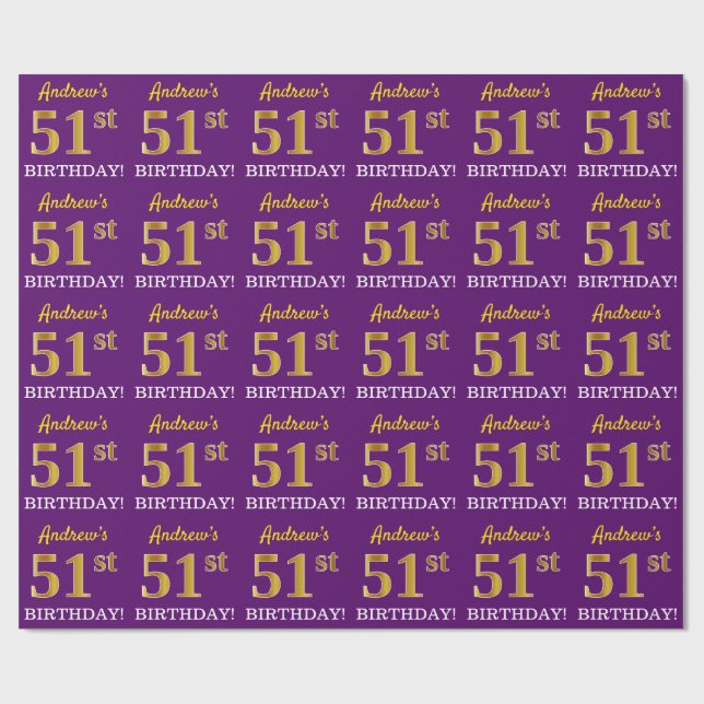 Papel De Regalo Oro morado, imitación "51 cumpleaños" (Superficie plana)